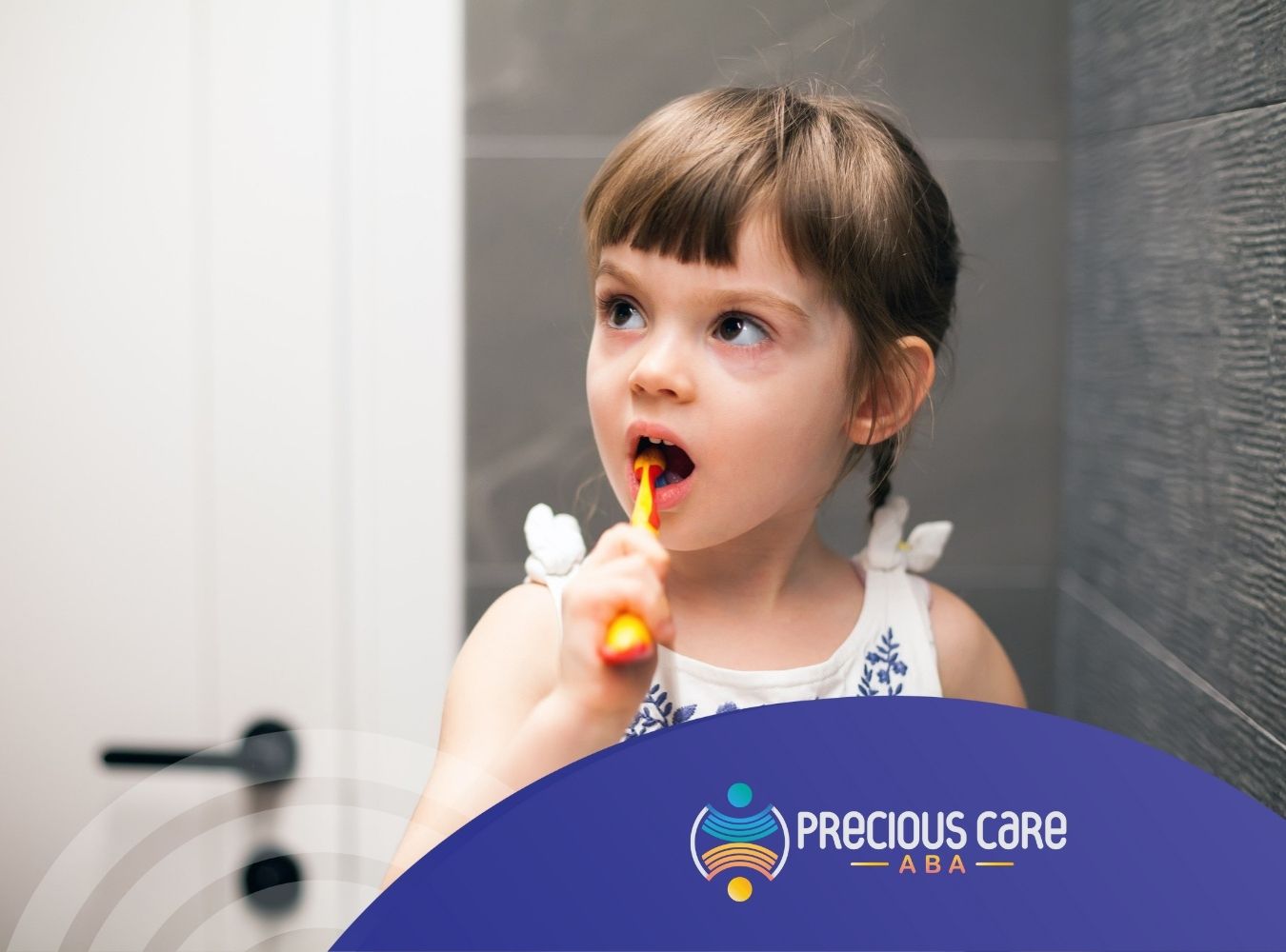 Autistic girl brushing her teeth.
