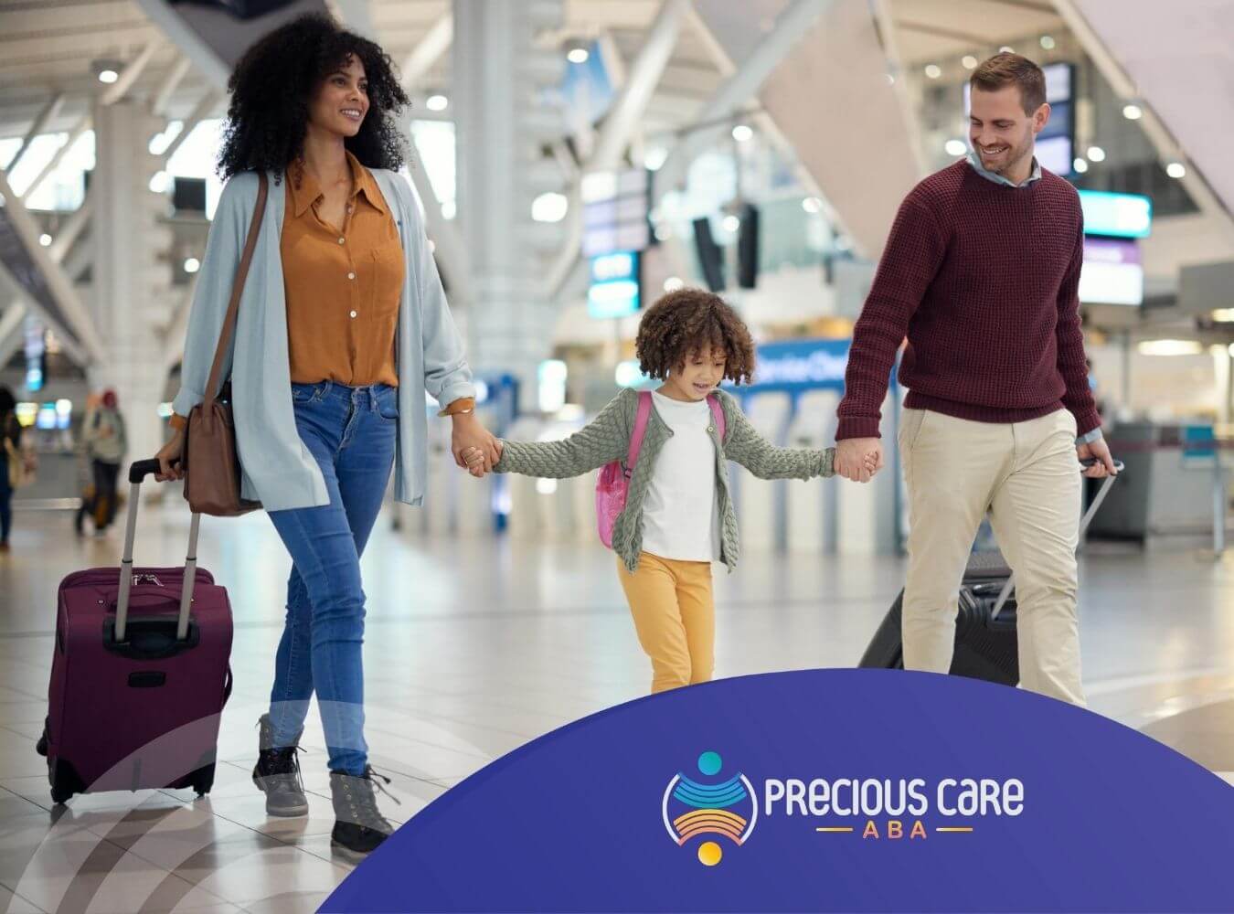 A family with an autistic child walking through an airport, holding hands with luggage.
