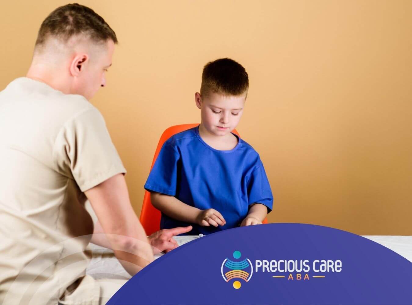 A boy and an ABA therapist working with colorful modeling clay on a white table in ABA therapy.