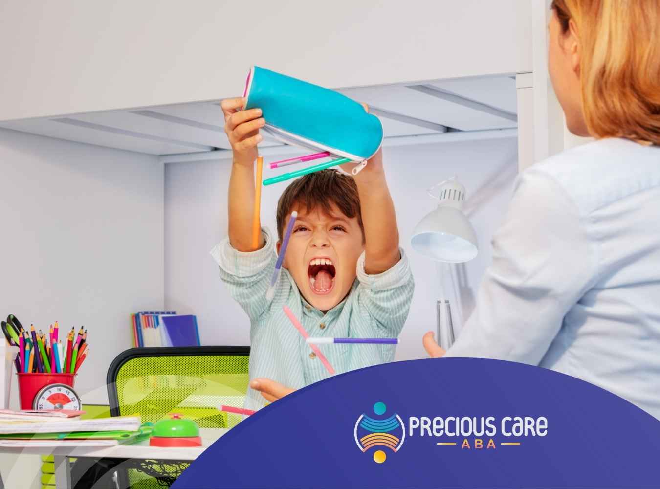 A child enthusiastically empties a pencil case in an office, smiling widely. An adult watches, fostering a joyful and dynamic atmosphere.
