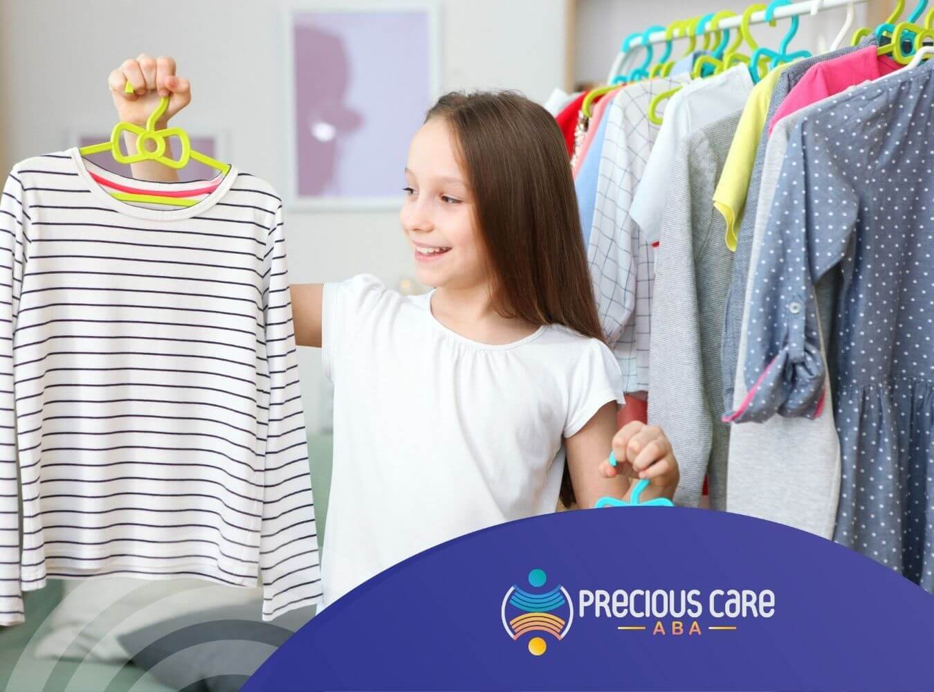 Young girl with autism choosing clothes from hangers in her room.